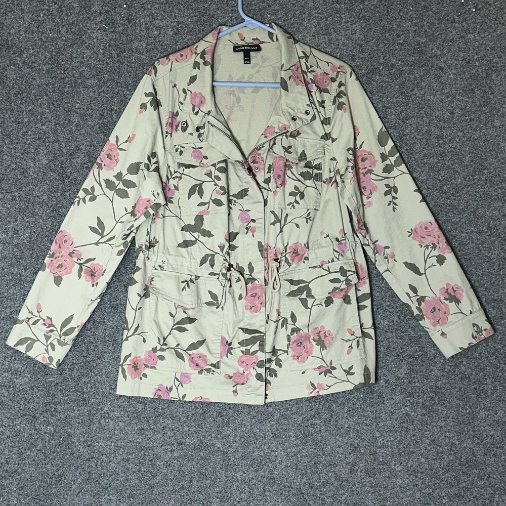Lane Bryant Lightweight Jacket Olive Green Floral Rose Print | Womens Size 14/16